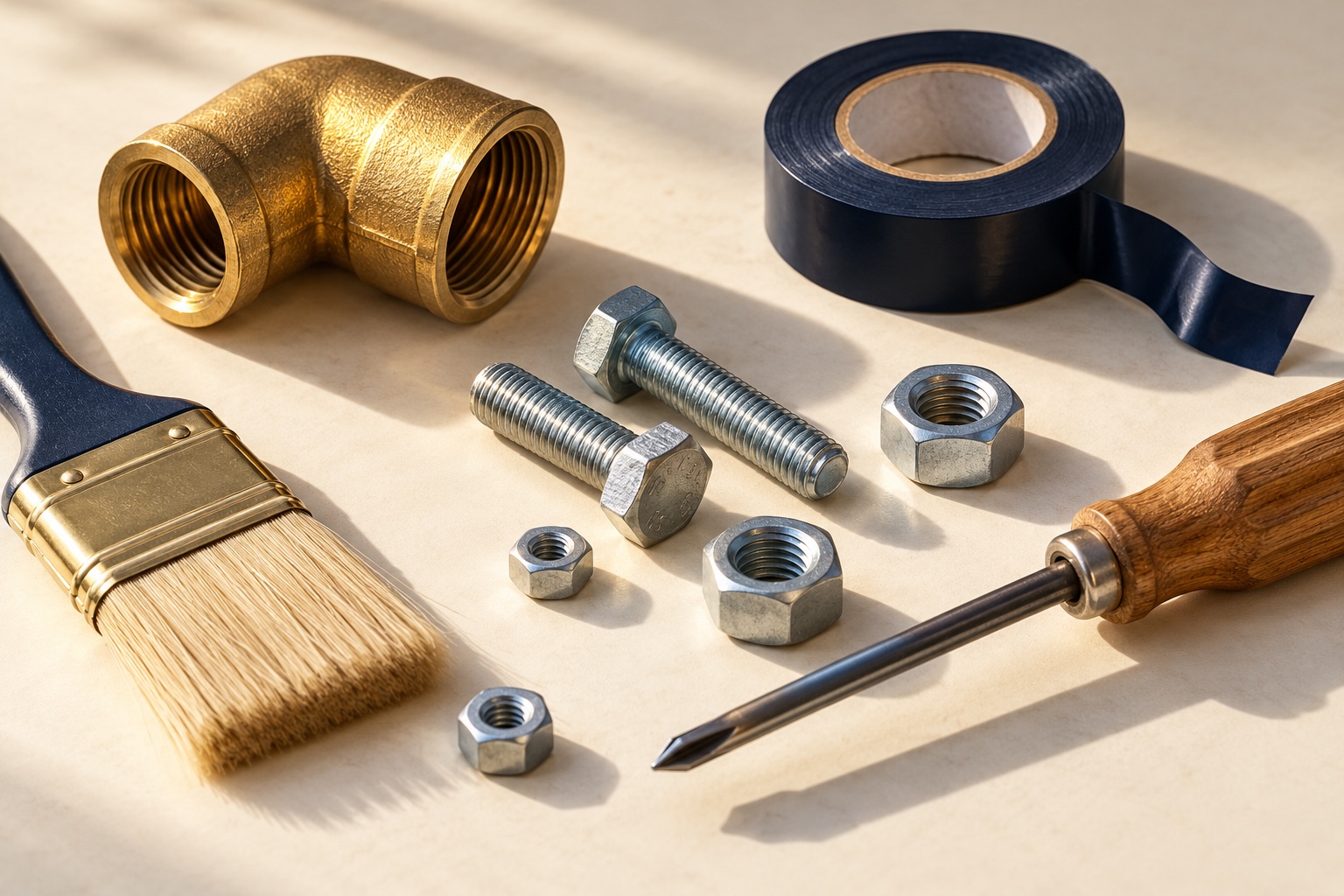 Illustrative studio arrangement of a brass fitting, bolts, tape, brush and screwdriver